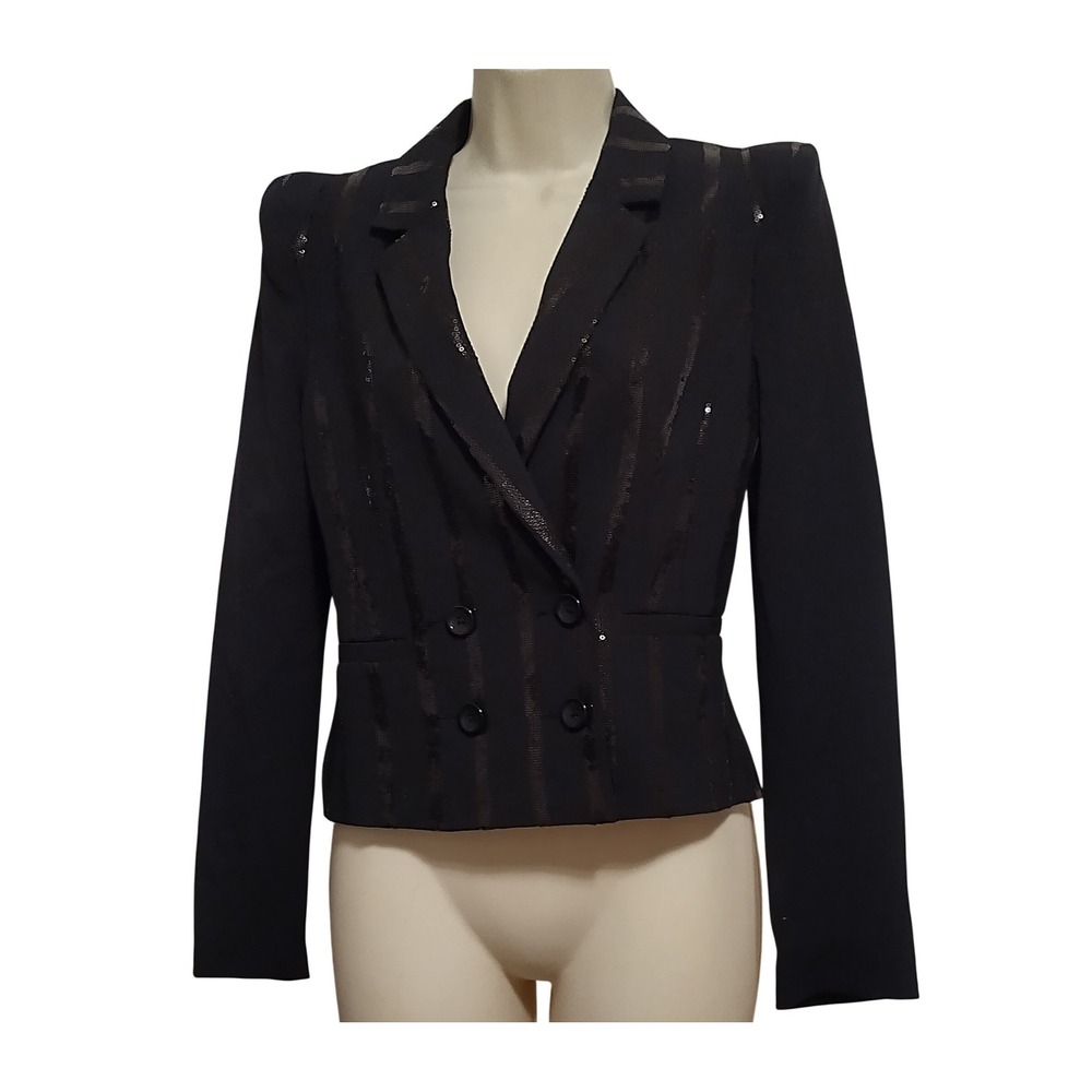 H&M Black Sequin Stripe Womens Double Breasted Blazer Size 4 Black Pinstripe